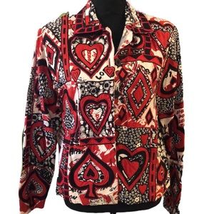 VINTAGE COLDWATER CREEK DECK OF CARD SUITS GRAPHIC PRINT SHACKET RED BLK SIZE S